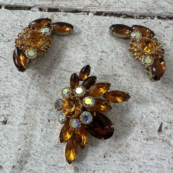 Vintage Rootbeer Citrine 1960s Rhinestone Beooch And Earrings Set - Picture 1 of 8